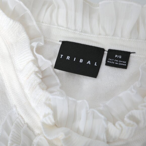 TRIBAL Ruffled Button Down Knit Cardigan Sweater Ivory Cream Soft Stretch - Picture 5 of 8